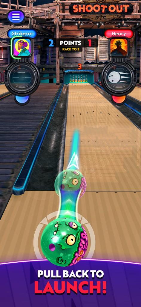 Bowling Fury: Ten Pin King - Una partida PvP de bolos 1 contra 1 en Bowling Fury con una bola de bolos personalizada temática de monstruo y controles de lanzamiento