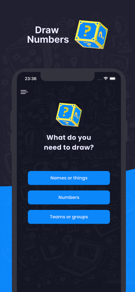 Random generator number - Schermata dell'app Magic Draw con opzioni per selezionare casualmente nomi, numeri o squadre