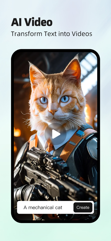 Linpo: Photo Dance & AI Filter - Linpo app interface displaying the AI Video feature converting a text prompt of a mechanical cat into a realistic video.