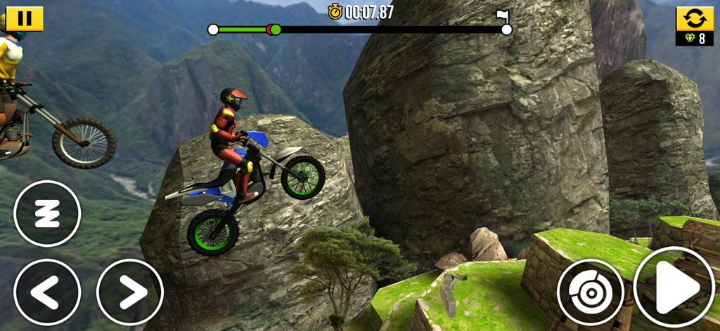 Trial Xtreme Legends - Un piloto de motocross realizando un salto sobre terreno rocoso en un paisaje montañoso.