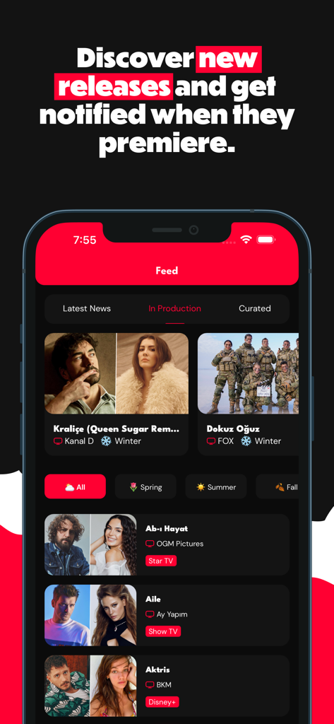 Dizilah - A mobile screen from the Dizilah app showing a feed of upcoming and in production Turkish dramas with series titles and actor photos