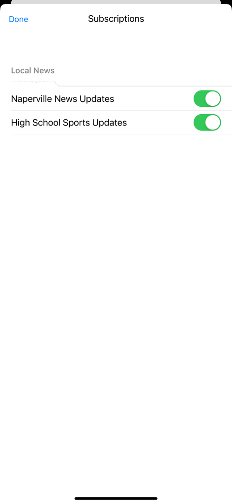 NCTV17 - Écran des paramètres d'abonnement de l'application NCTV17 affichant les basculeurs pour les nouvelles de Naperville et les mises à jour des sports du secondaire