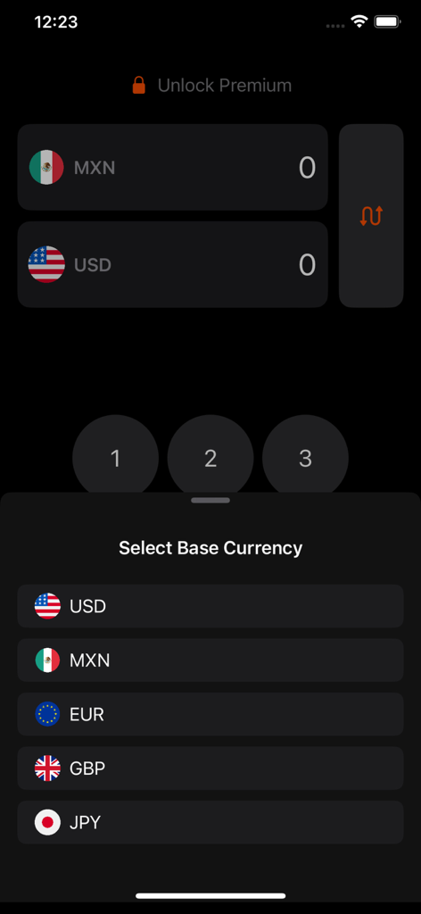 Pesos to dollar - Mobile app interface showing a list of currencies to select as a base including USD and MXN