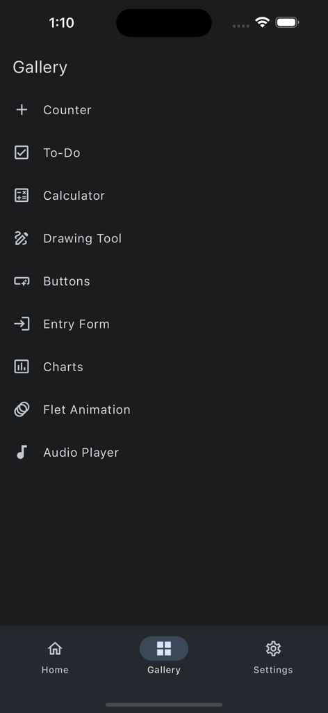 Flet - Gallery view of the Flet app showing a list of Python-based mobile UI examples including a calculator and charts.