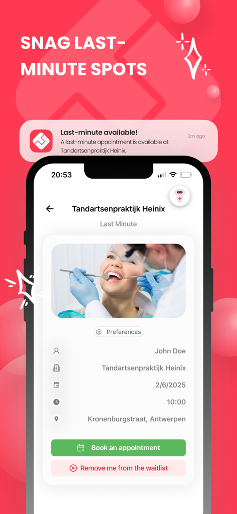 TurnUp World - La interfaz de la aplicación TurnUp World que muestra la disponibilidad de citas de última hora en una clínica dental.