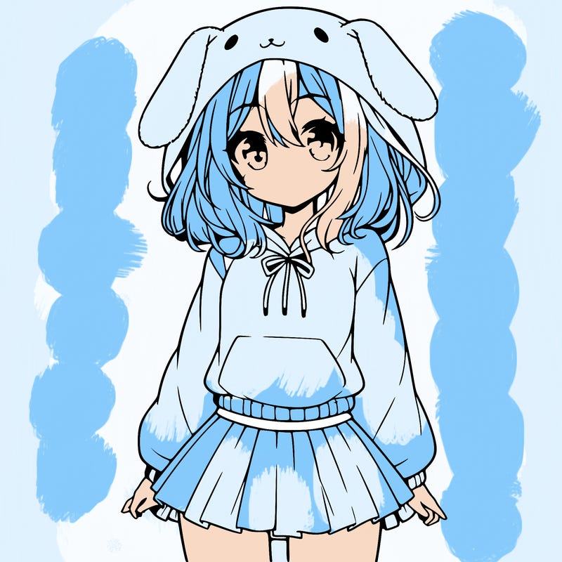 pretty anime girl wearing a fluffy hoodie with bunny ears on the hood and a skirt