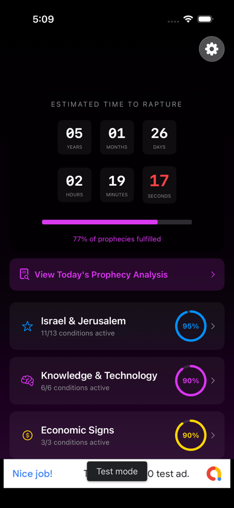Panel de la aplicación móvil RaptureX que muestra una barra de progreso de cumplimiento de profecías y un temporizador de cuenta regresiva para eventos bíblicos.