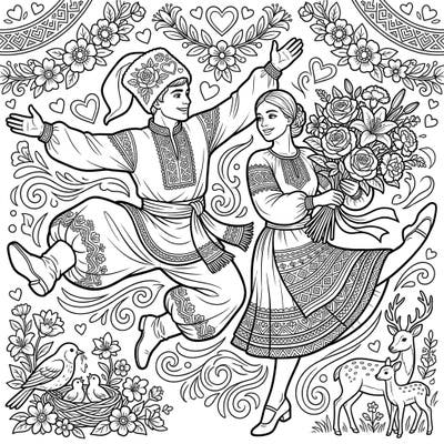 This intricate coloring page beautifully blends the energetic spirit of Cossack dance with the tender celebration of Mother's Day. Featuring a dancing couple adorned in traditional attire, surrounded by loving details and a bountiful floral bouquet.