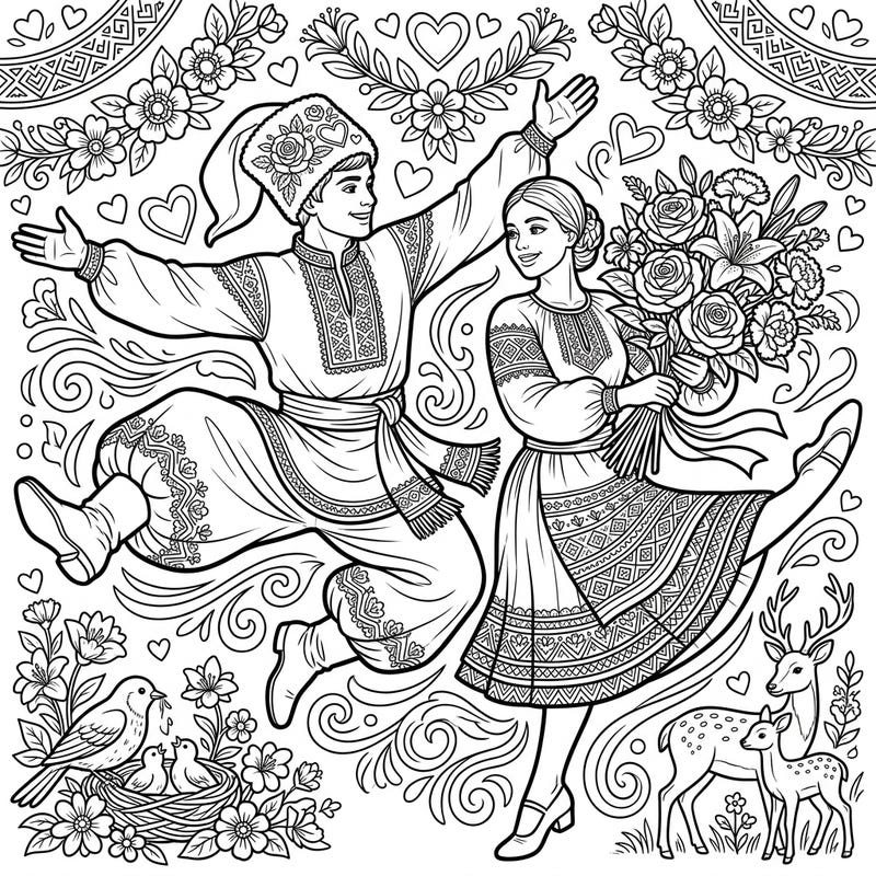 This intricate coloring page beautifully blends the energetic spirit of Cossack dance with the tender celebration of Mother's Day. Featuring a dancing couple adorned in traditional attire, surrounded by loving details and a bountiful floral bouquet.