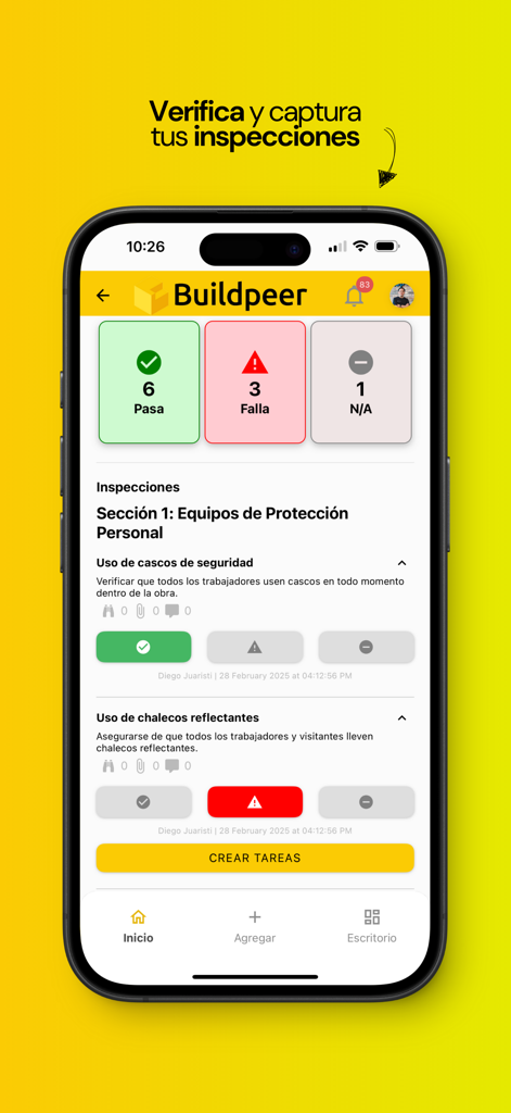 Buildpeer - Interfaz móvil de la aplicación Buildpeer que muestra un panel de inspección de seguridad de construcción con indicadores de estado de aprobación y falla para equipos de protección personal.