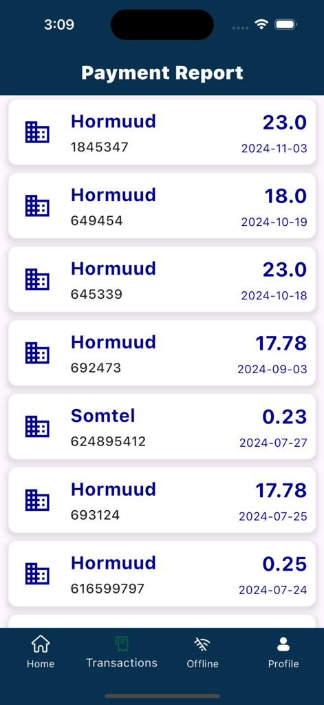 Edata - Edata app transaction history screen showing a payment report for Somali internet providers like Hormuud and Somtel