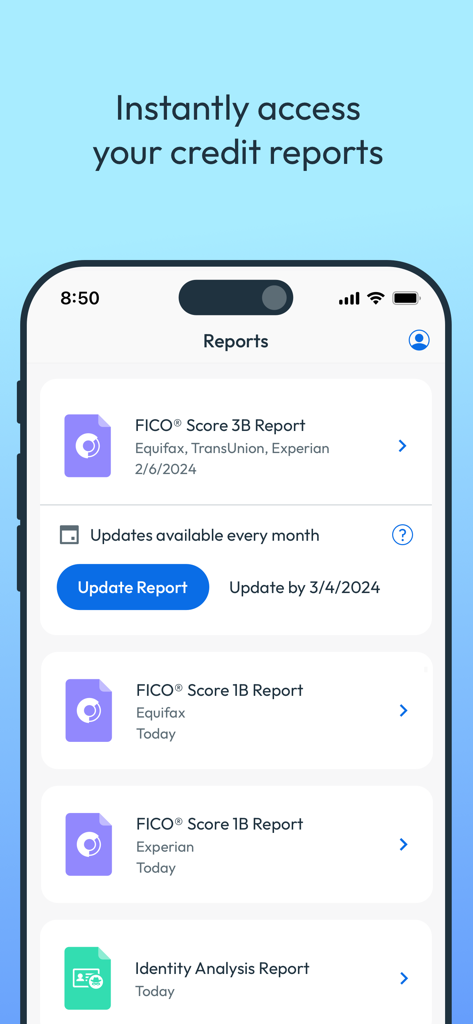 myFICO mobile app screen showing credit reports from Experian TransUnion and Equifax with an update report button