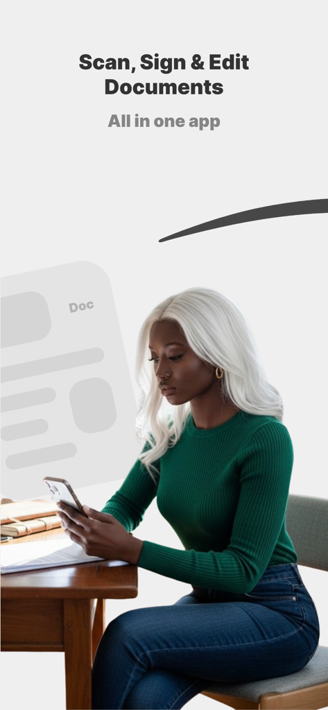 Sign & Edit Docs - 若いプロフェッショナルな女性がデスクで署名と編集のためにスマートフォンを使用している様子