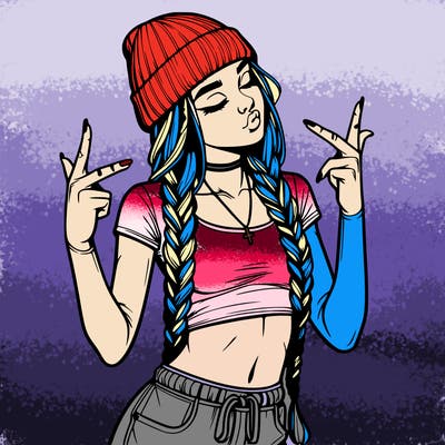 realistic teenage girl with braids and a beanie and crop top doing 🫶🏼