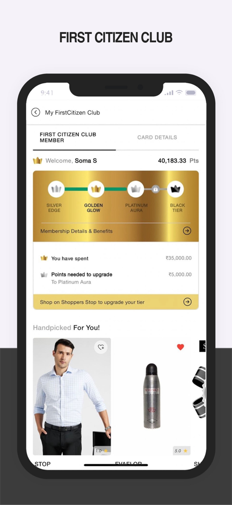 Shoppers Stop Fashion Shopping - 会員ポイントとティアステータスを表示したFirst Citizen ClubロイヤリティプログラムのShoppers Stopアプリインターフェース