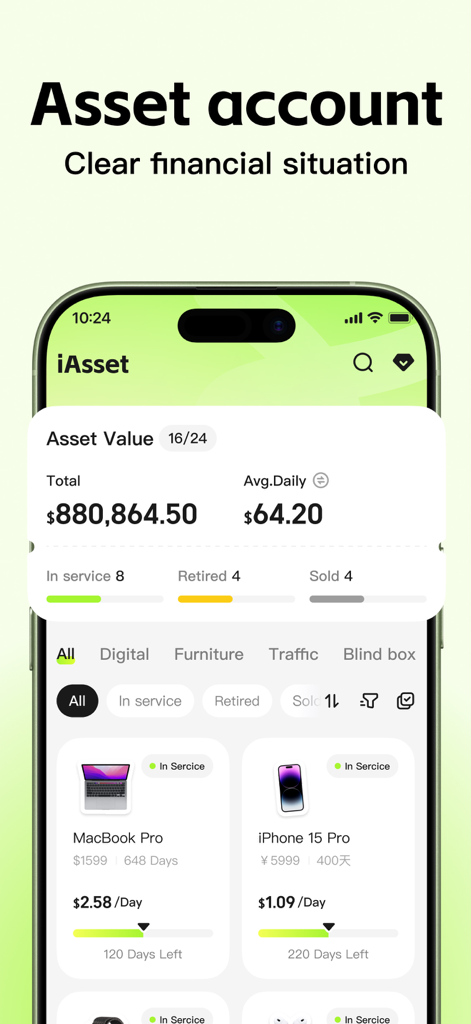 iAsset mobile app dashboard showing total asset value and daily cost per item
