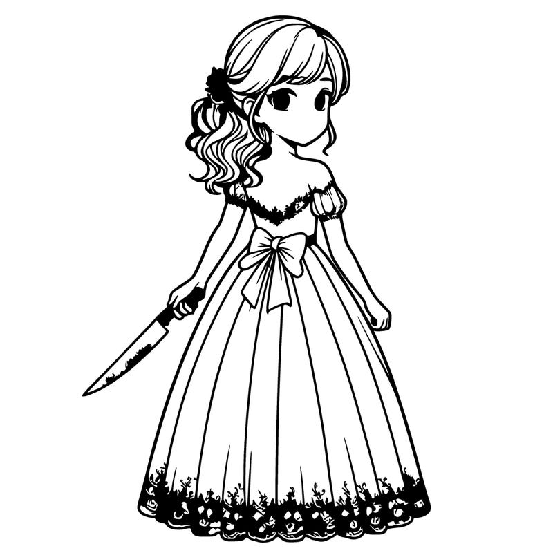 realistic girl holding a knife behind her back in a buetiful dress