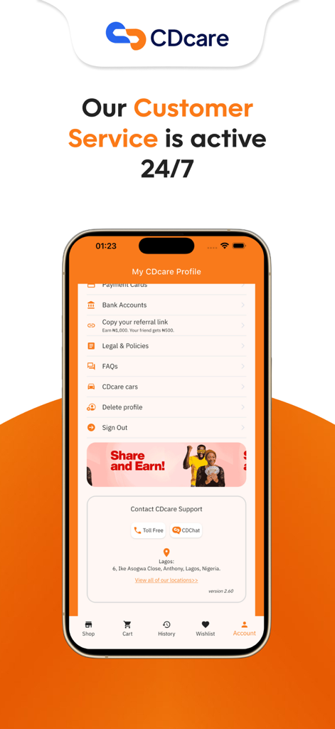 CDcare app profile screen displaying 24/7 customer service options and account management settings.