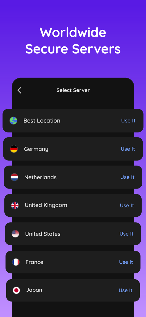 Tunnel Guard VPN app screen showing a list of worldwide secure servers including United States Germany and United Kingdom