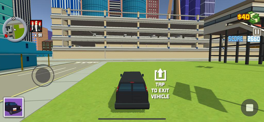 Spider Superhero Crime City - Gameplay screenshot of driving a black SUV in an open world city environment with mobile game UI