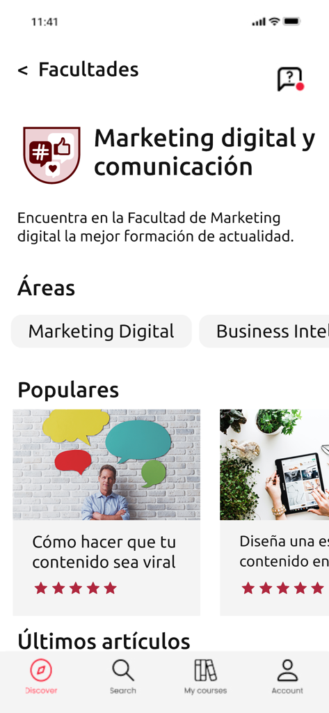 Interfaz de la aplicación móvil de Euroinnova que muestra cursos de marketing digital y comunicación en español.
