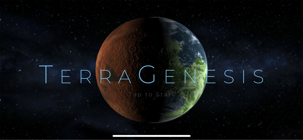 TerraGenesis - Space Settlers - A tela de título do TerraGenesis mostrando um planeta em transição de um deserto vermelho para um mundo verde habitável no espaço.