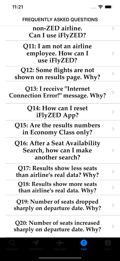 iFlyZED - Screenshot of the Frequently Asked Questions section in the iFlyZED app