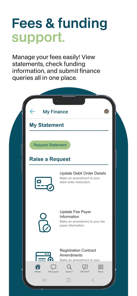 MyEmeris app interface for managing student fees statements and funding requests