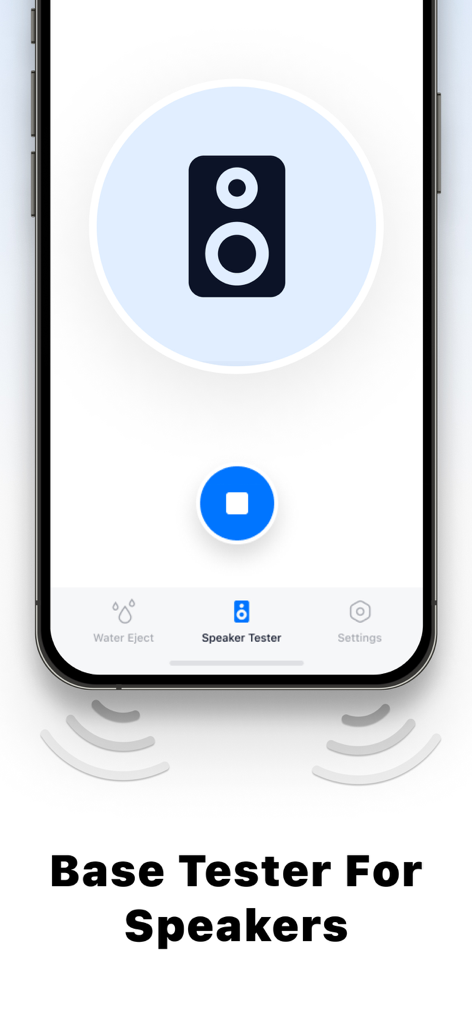 Interface of the Water Eject app showing the bass tester for iPhone speakers
