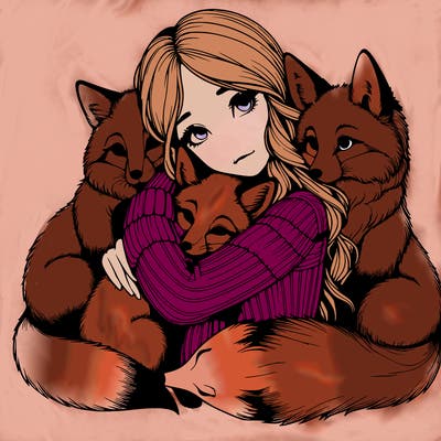 realistic, looking girl hugging, foxes