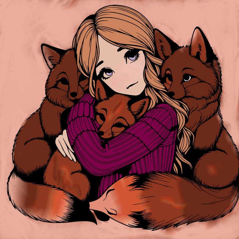 realistic, looking girl hugging, foxes