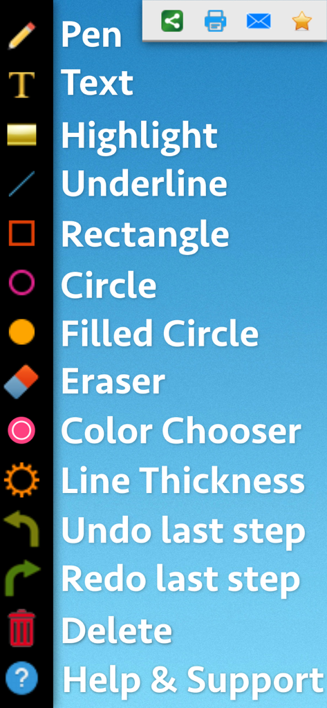 ペン、テキスト、ハイライト、図形などのPDFマークアップツールの垂直リストを表示するインターフェイス
