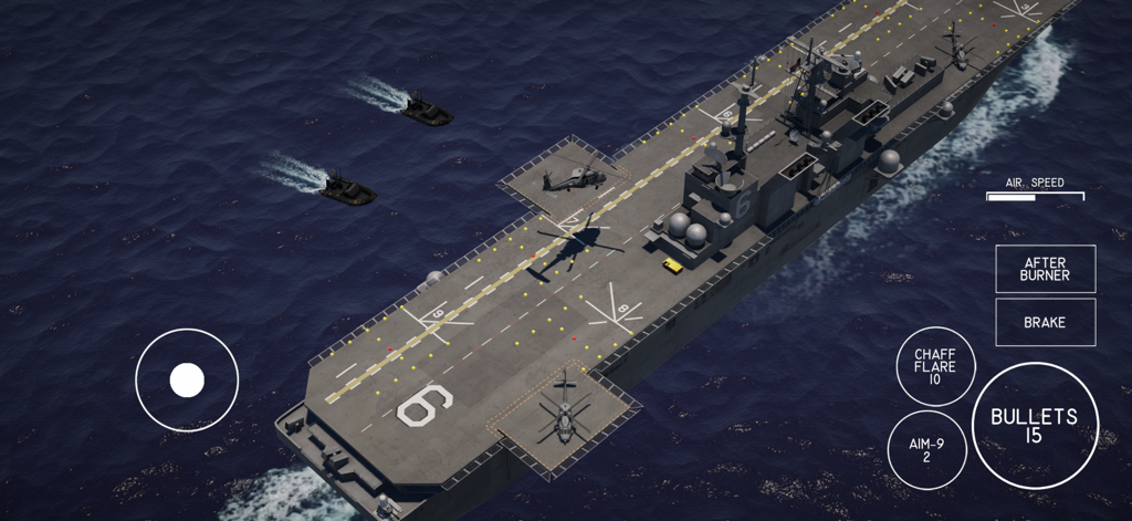 Vista aérea de un portaaviones con helicópteros y controles táctiles en el juego móvil Jet Attack Move