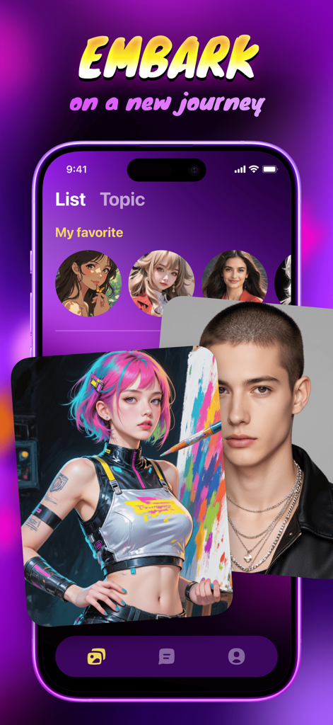 Beiee app interface featuring a selection of anime and realistic AI characters for interactive roleplay and chatting