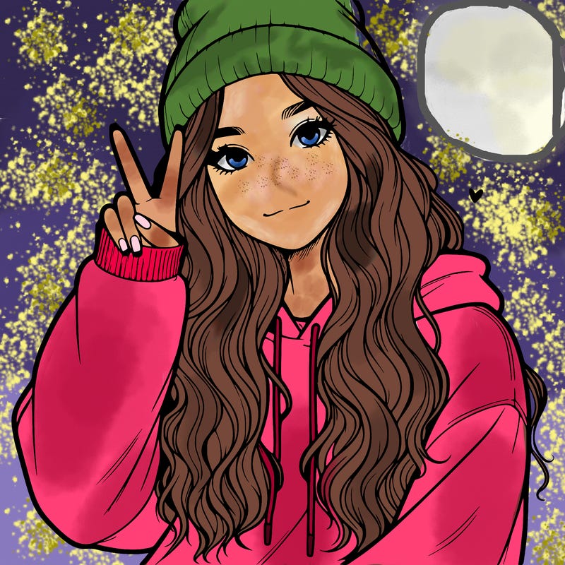 a teenage girl in a beanie, oversized sweatshirt, wavy long hair, and is showing a ✌️