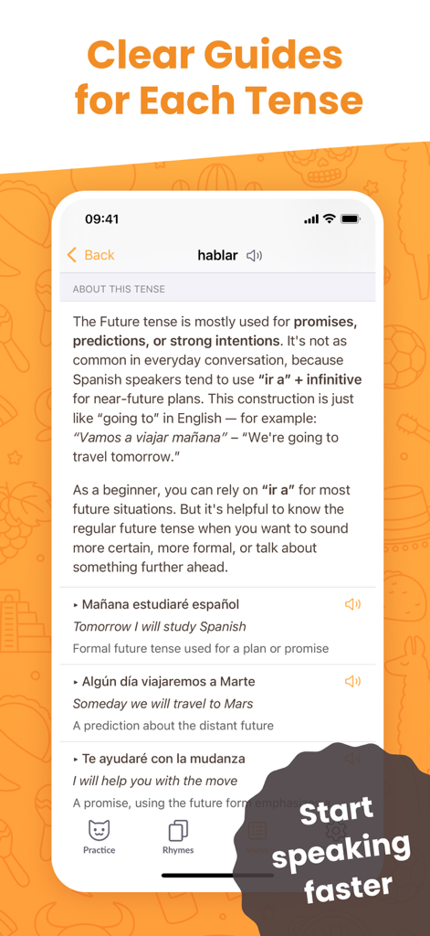 ConjuGato: Learn Spanish Verbs - Educational screen showing a detailed guide for the Spanish future tense in the ConjuGato app