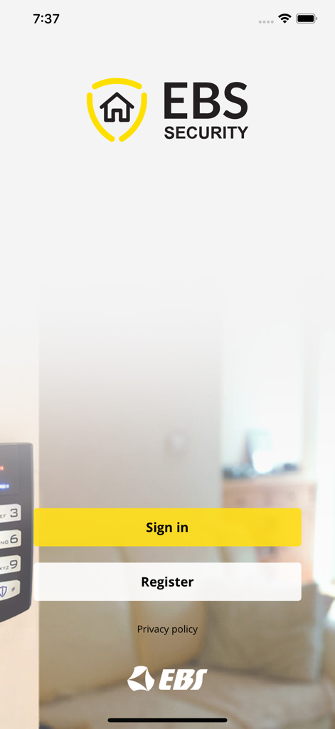 EBS Security - EBS Security mobile app login and registration screen