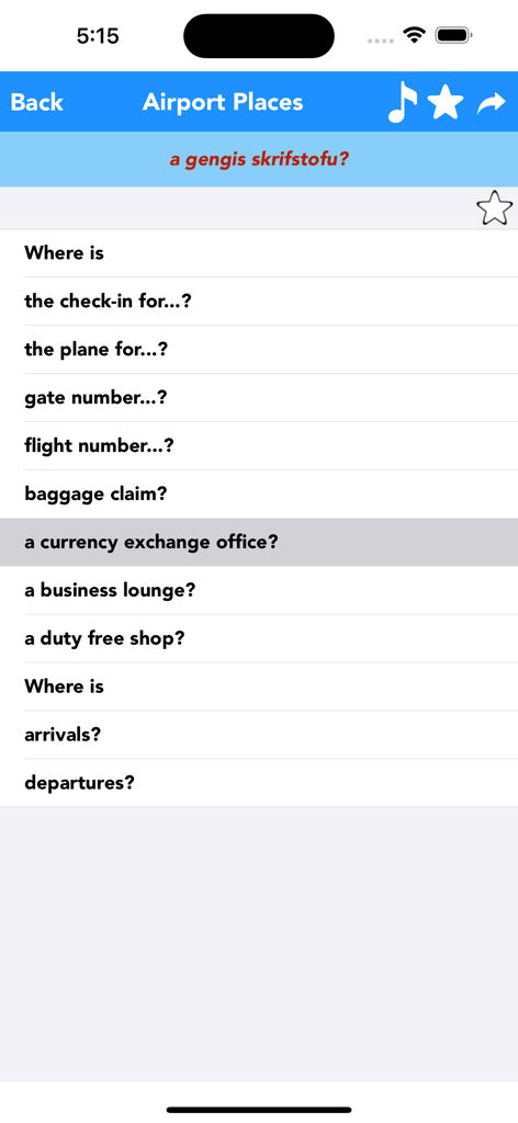 영어-아이슬란드어 번역 앱이 수하물 찾는 곳, 환전 등 일반 공항 문구 목록을 보여줍니다.