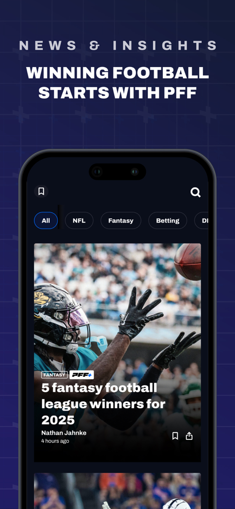PFF: Betting & Fantasy Tools - PFF app news and insights interface showing fantasy football league winner articles and expert analysis