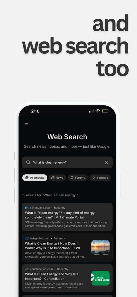 Viro - Eco-Friendly AI - Interface do aplicativo Viro AI mostrando resultados de pesquisa na web para energia limpa.