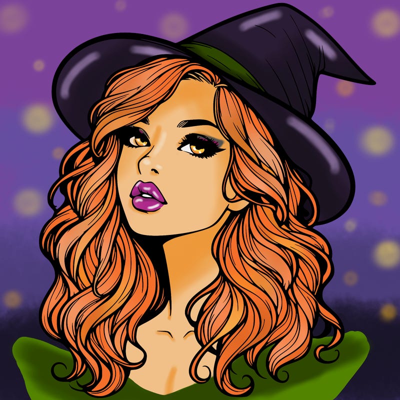 realistic witch girl with wavy hair and lips