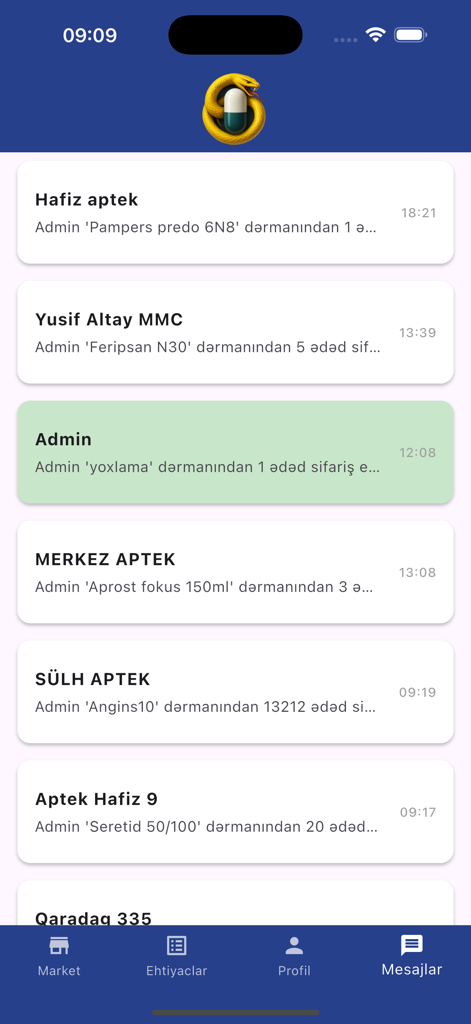 AptekPaylaş - A mobile app interface showing a list of recent messages and order notifications between different pharmacies.