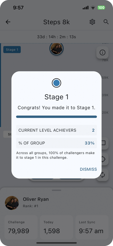 Count.It Journey - A mobile app notification celebrating a user for reaching Stage 1 in a wellness challenge