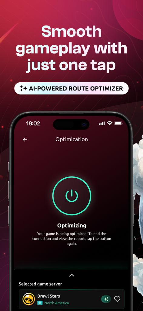 ExitLag mobile app screen showing one tap AI powered route optimization