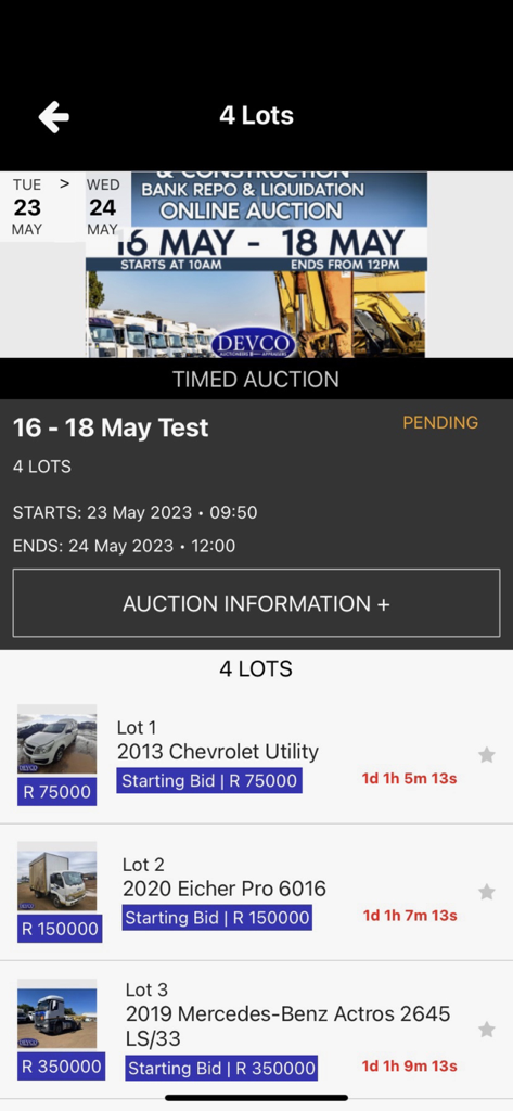 Devco Online - Screenshot of the Devco Online app showing a list of vehicle and equipment lots available in a timed auction.
