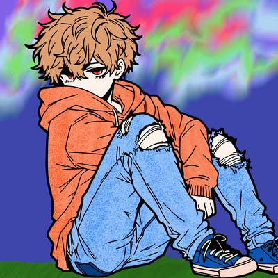 a male hoddie ripped jeans messy hair anime