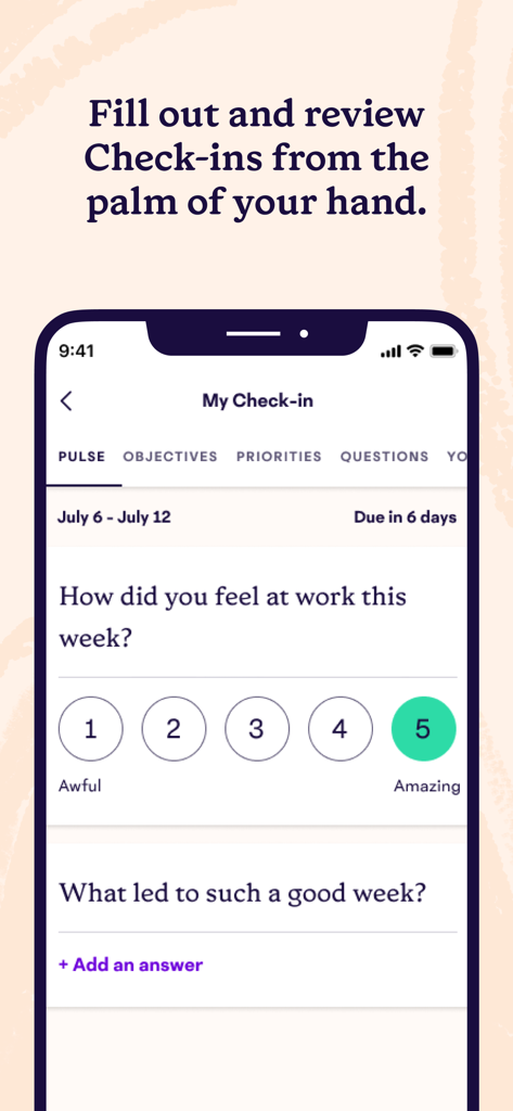 Mobile view of 15Five app displaying a weekly check-in form with a sentiment scale question.