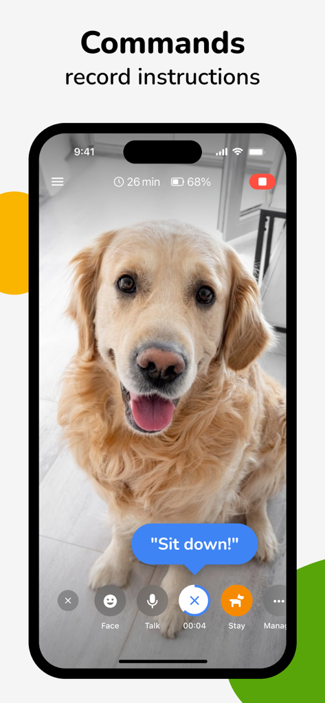 Barkio pet monitor app screen showing a dog receiving a recorded sit down command