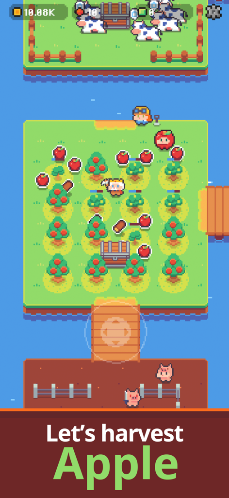 Pixel art character harvesting apples on a farm island in Pickaxe King Island