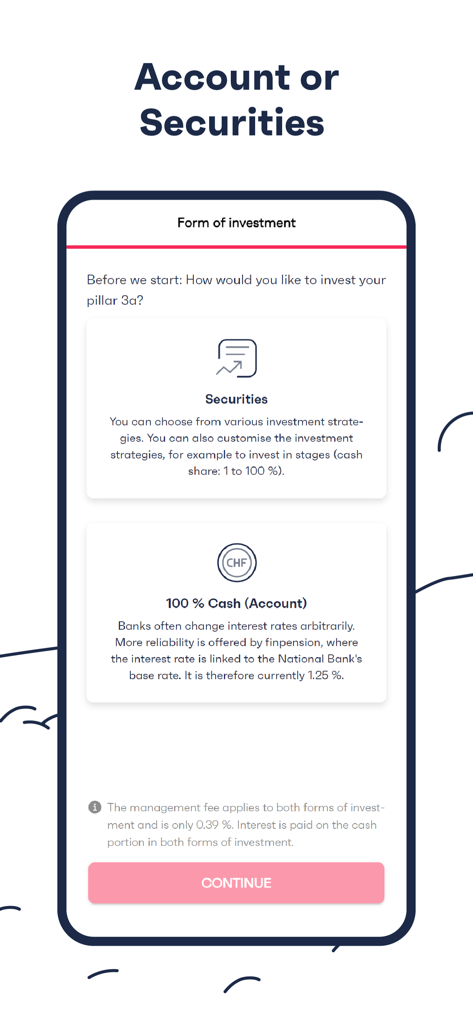 finpension - Screenshot of the finpension app showing options to invest Pillar 3a in securities or a cash account.